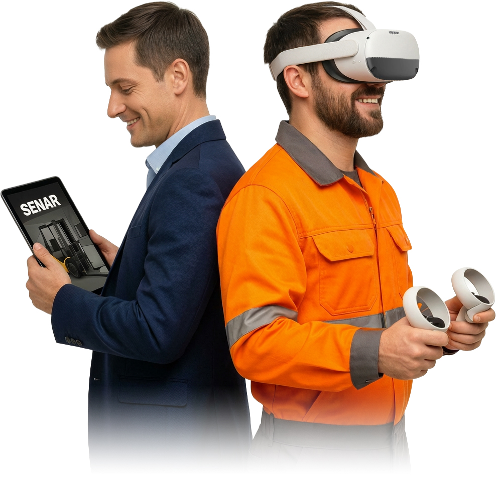 Un homme utilisant un casque de réalité virtuelle et un autre utilisant la réalité augmentée